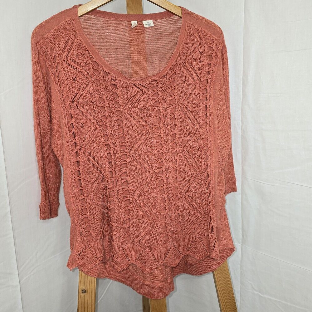 MOTH Anthropologie Linen Silk Orange Crotchet Boho Sweater Shirt  Size XS